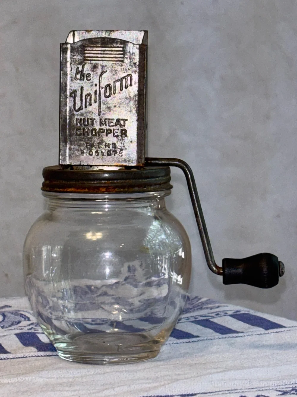 Vintage 1930s Uniform Nut Meat Chopper Hazel Atlas Glass Jar Hand Crank